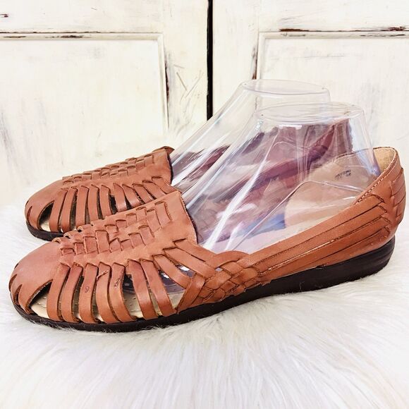 Women's Tan Woven Leather Flats - Picture 1 of 9